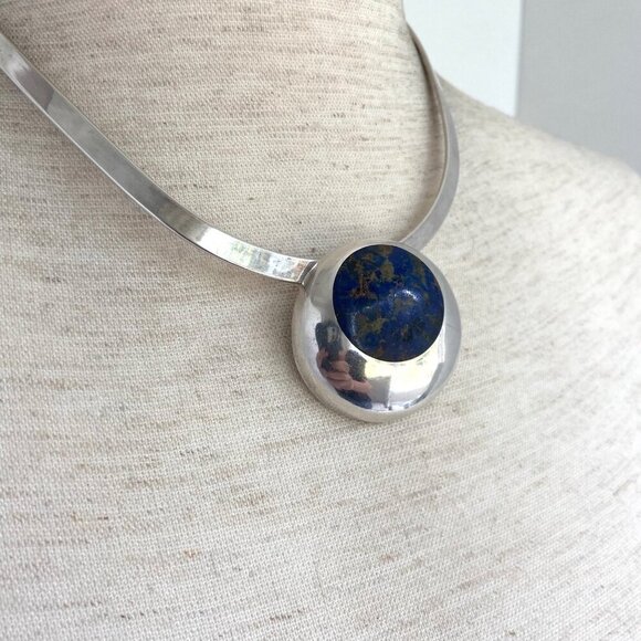 VTG Sterling Silver 950 Mexico Chunky Round Lapis Lazuli Inlay Pendant Brooch - Picture 13 of 16
